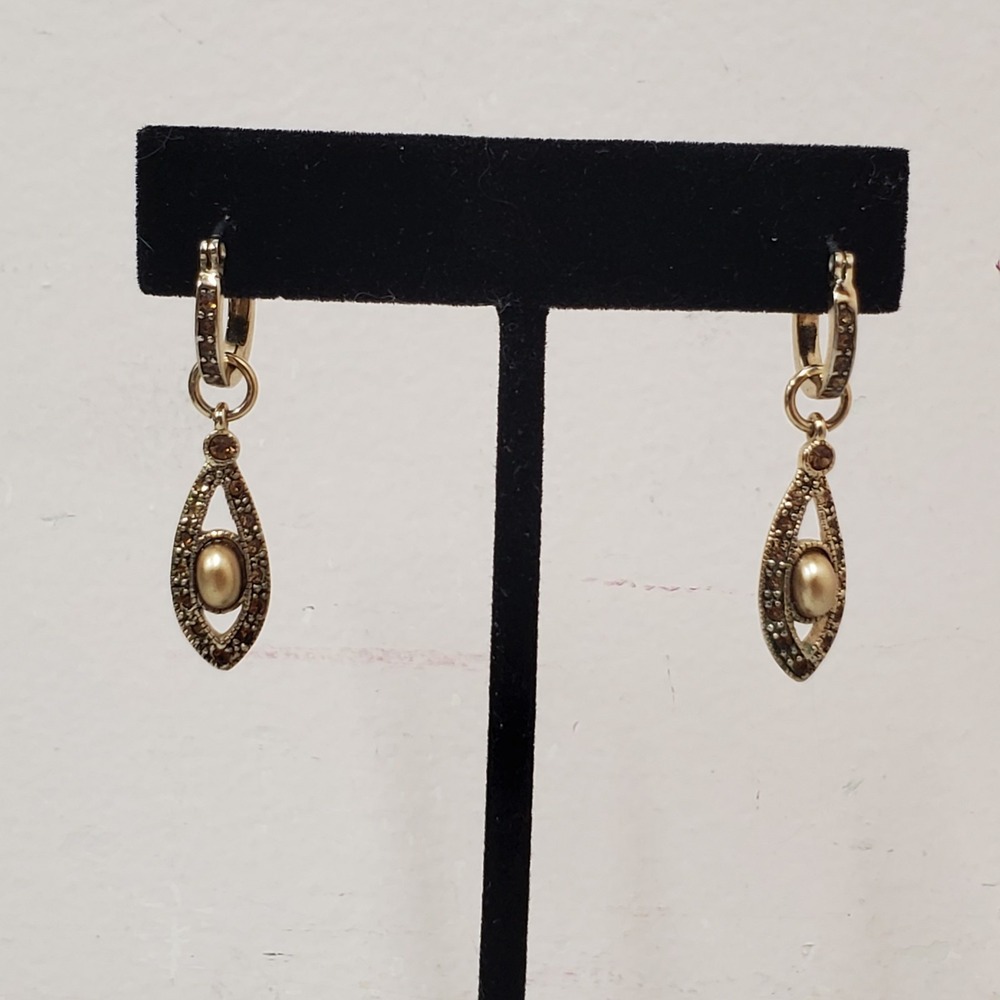 Vintage Monet Rhinestone Faux Pearl Hoop Teardrop Dangle Gold Tone Stud Earrings